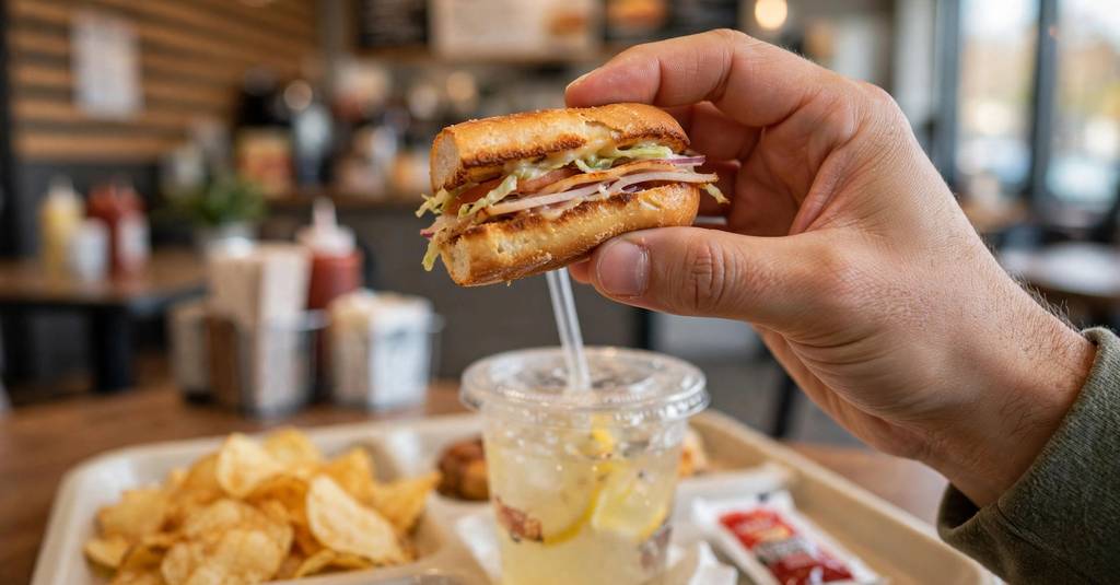 hand holding a toasted saver sub over a meal tray