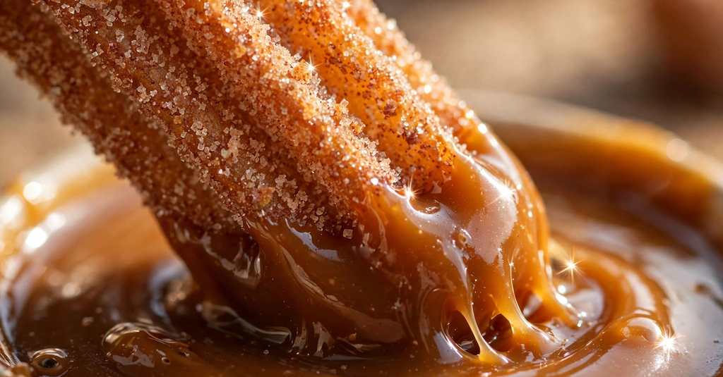 subway churro close-up dipped in caramel sauce