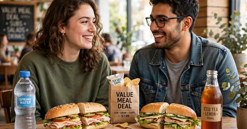 two people sharing a subway value meal deal with drinks and crisps