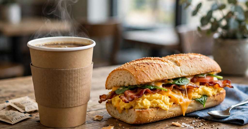 subway drinks hot coffee with a breakfast sub