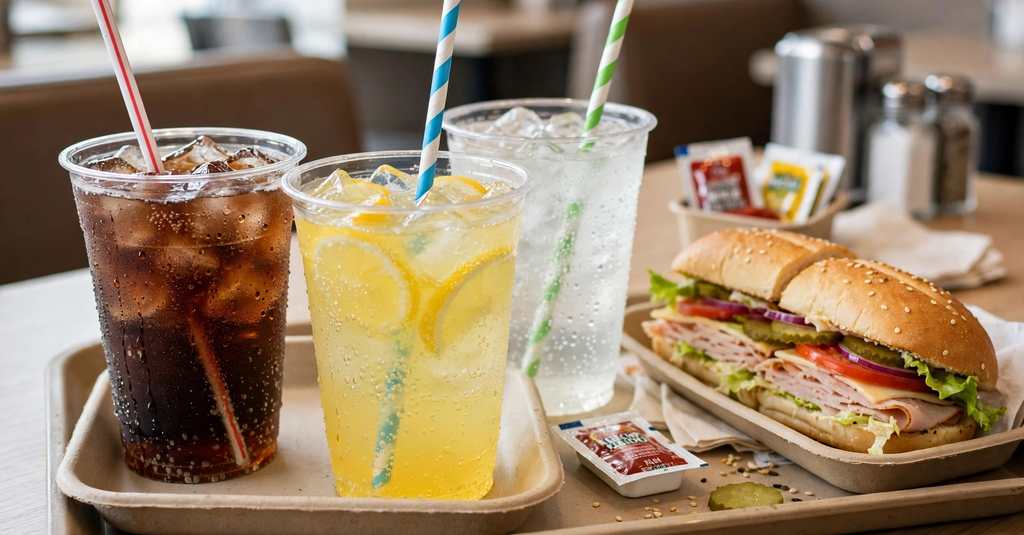 subway drinks cups with a sandwich