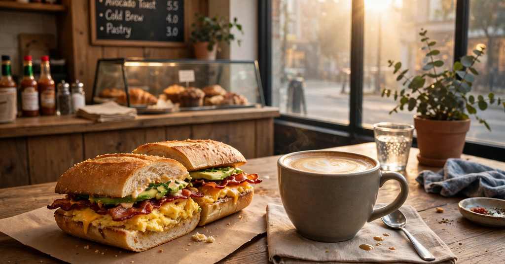 subway hours breakfast sub with coffee by a cafe window in the morning