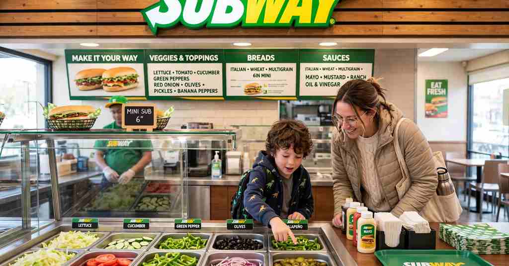 child choosing salad for a subway kids mini sub