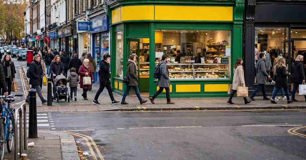 busy subway location on a high street corner with people walking past