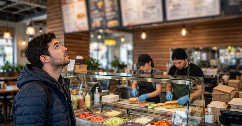 subway main menu customer reading the menu board at a Subway counter