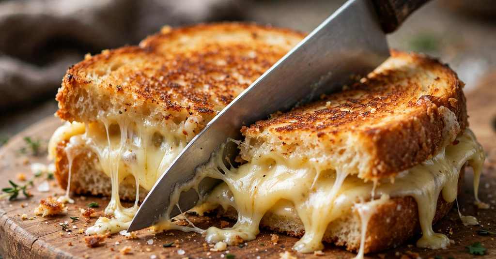 subway melt being cut with melted cheese oozing out