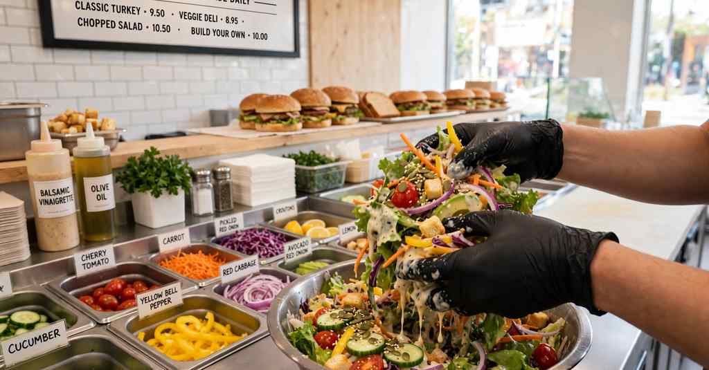 subway salad with dressing being prepared fresh