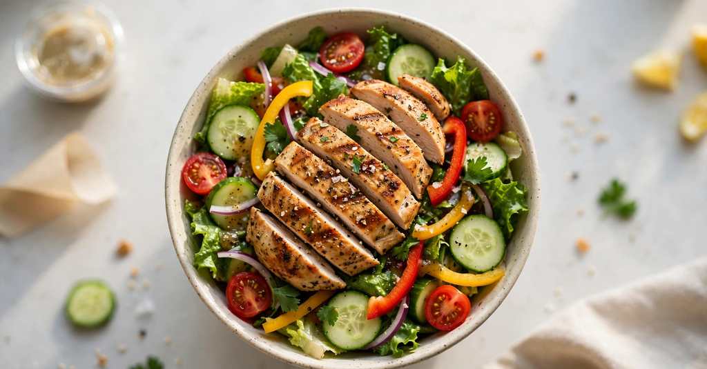 subway salad bowl with chicken and fresh vegetables
