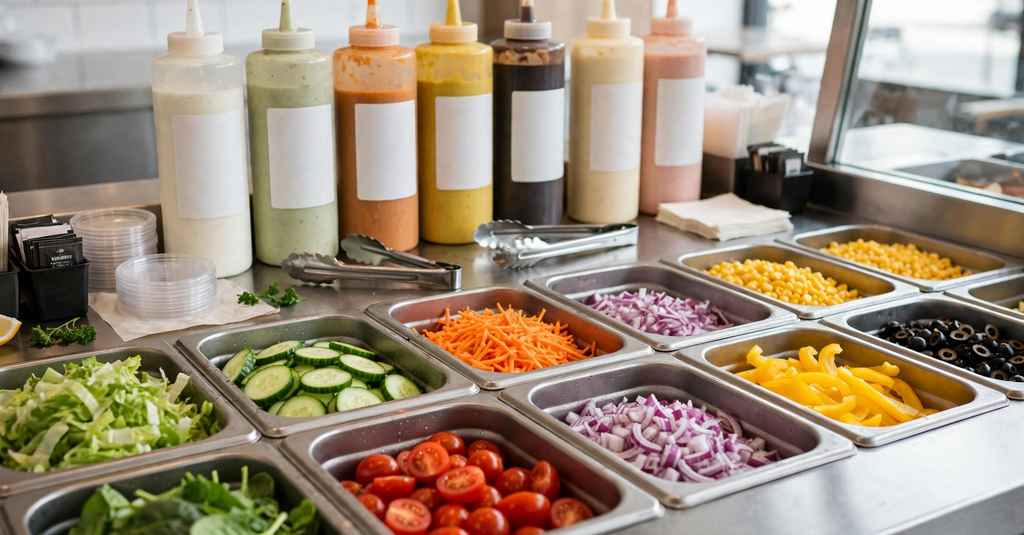 building a subway sandwich at the salad and sauce counter