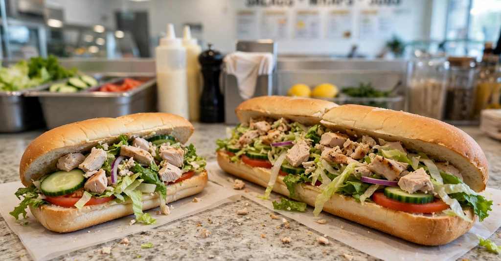 subway sandwich 6-inch and footlong chicken subs on the counter